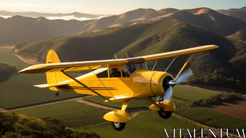 Yellow Airplane Flying Over Green Valley - Aerial View AI Image