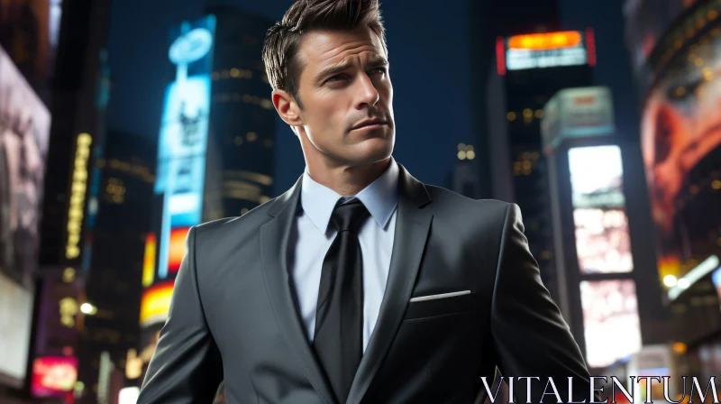 Confident Young Man in Suit at Night City AI Image