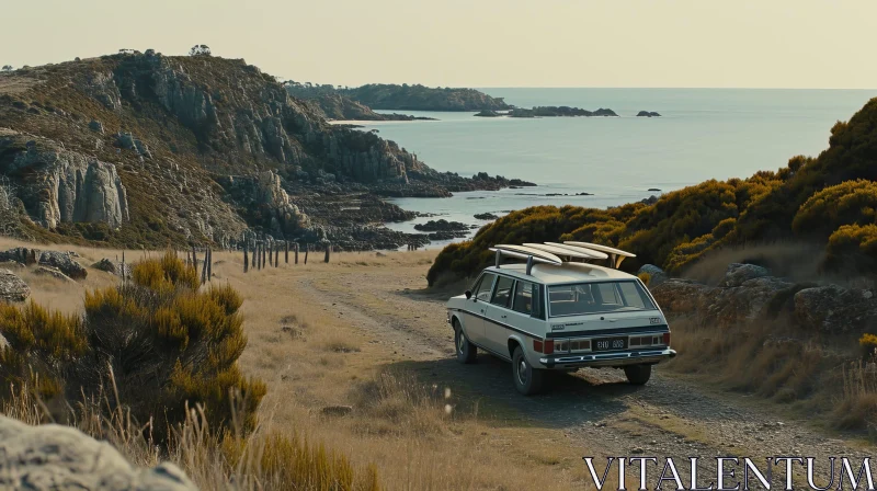 Scenic Drive Along Ocean Cliffs with Surfboards on Station Wagon AI Image