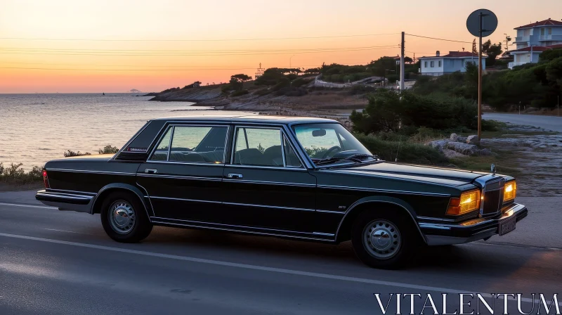 Vintage Black Sedan by Sea Coast at Sunset AI Image