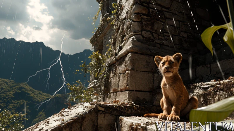Enigmatic Digital Painting of Lion Cub in Ruined Temple AI Image