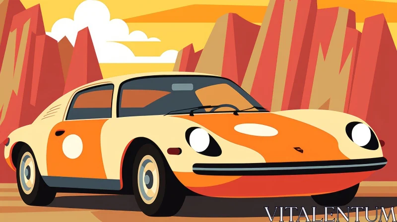 Vintage Sports Car Illustration in Desert Landscape AI Image
