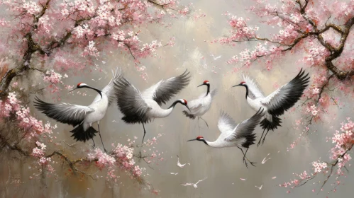 Graceful Cranes Painting in Misty Forest