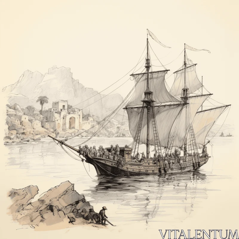Romantic Ruins: Hand-drawn Galleon on the Ocean | Historical Painting AI Image