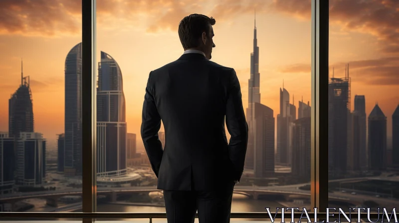 Urban Sunset: Man in Suit at Window Overlooking Cityscape AI Image