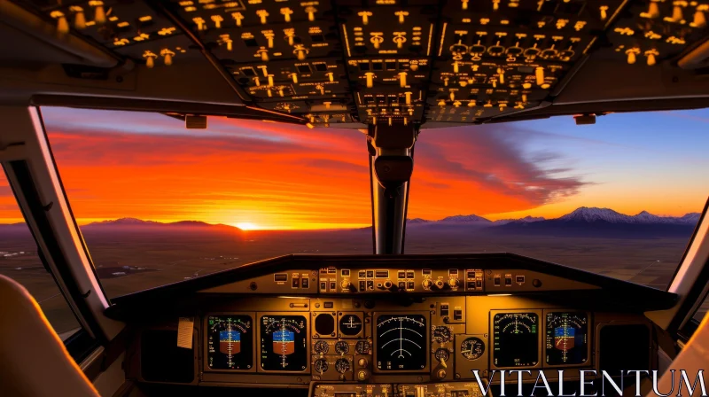 Airplane Cockpit Sunset View | Pilot's Perspective Instruments AI Image