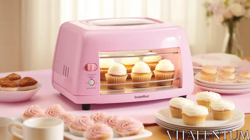 Pink Cupcake Maker with Frosted Cupcakes on Pink Table AI Image