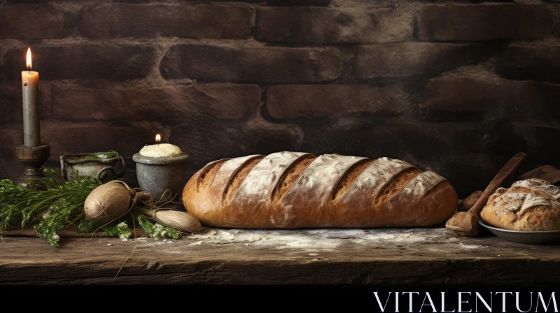 Rustic Still Life with Bread on Wooden Table AI Image