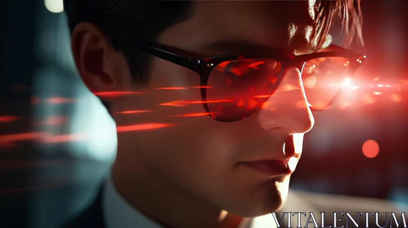 Serious Young Man in Sunglasses with Red Lenses AI Image
