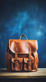 Brown Leather Backpack on Wooden Table