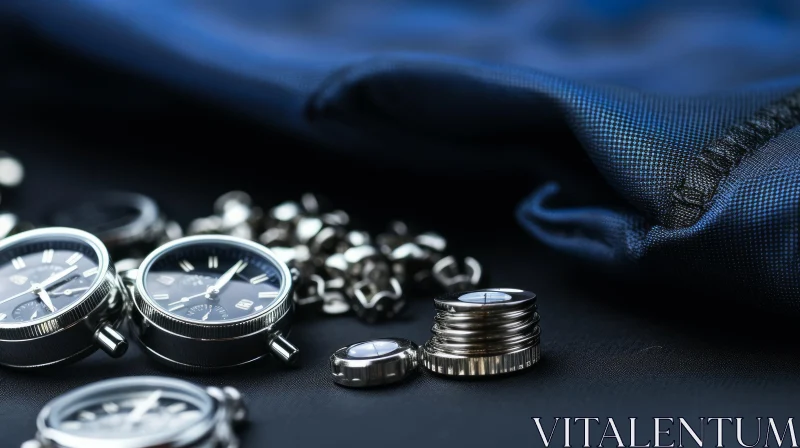 Luxurious Silver Watches, Chain, and Cufflinks Flat Lay AI Image