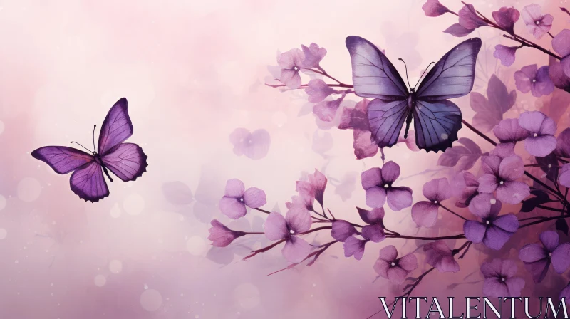 Purple Butterflies Watercolor Painting on Pink Flowers AI Image