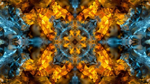 Symmetrical Kaleidoscope Pattern in Amber, Blue, and Black