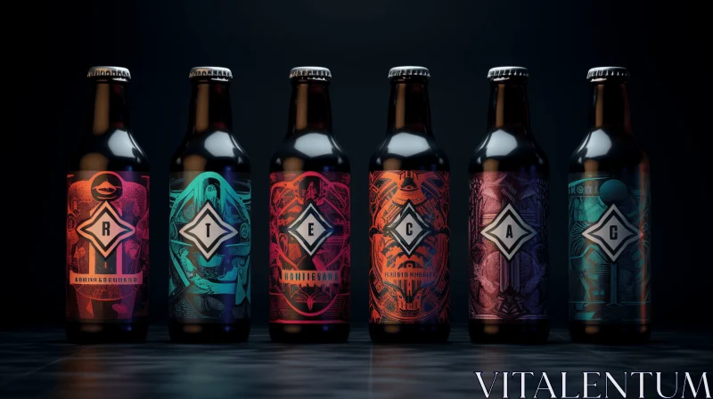 Black and Colorful Beer Bottle Designs in Metallic Etherialism Style AI Image