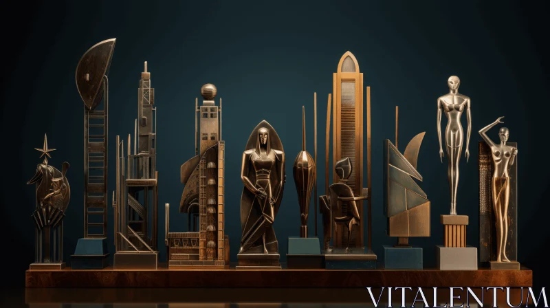 Captivating Art Deco Design: Small Buildings and Statues in Bronze AI Image