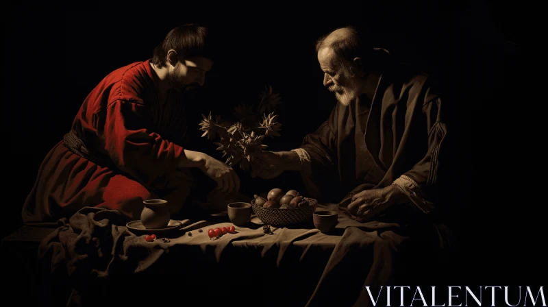 Captivating Chiaroscuro Painting of Two Figures at a Table AI Image