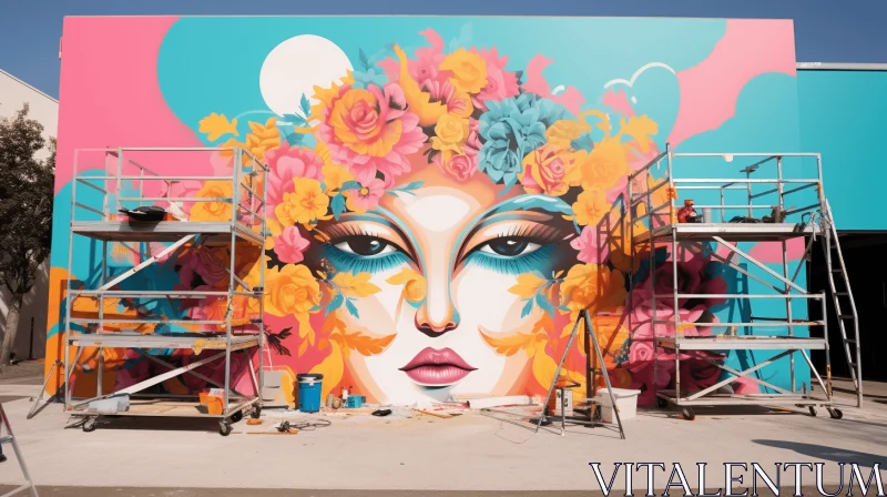 Captivating Mural with Woman on Concrete and Scaffolding | Vibrant Colors and Floral Motifs AI Image