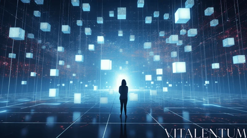 Futuristic Fusion: A Captivating Image of a Woman in a Room Full of Cubes AI Image