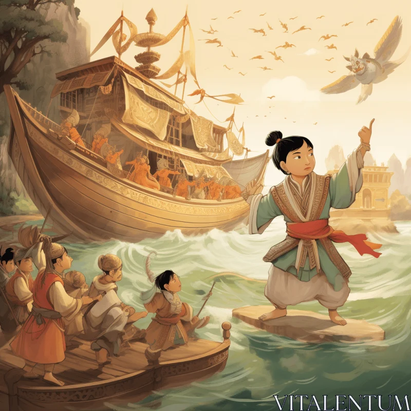 Mulan and Children Sail to the Ship - Editorial Illustration AI Image