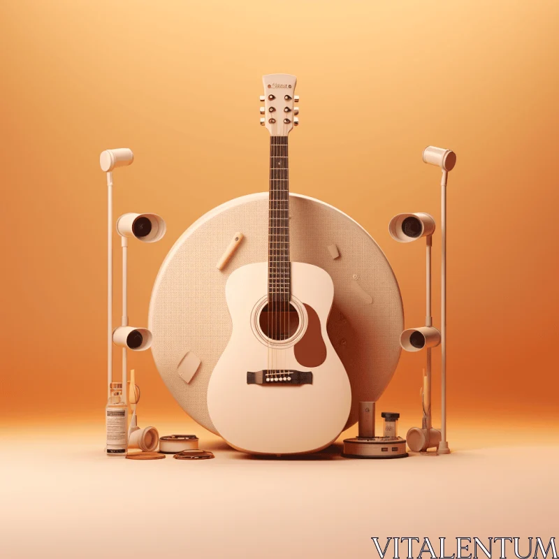 White Acoustic Guitar with Music Notes and Drum on Orange Background AI Image