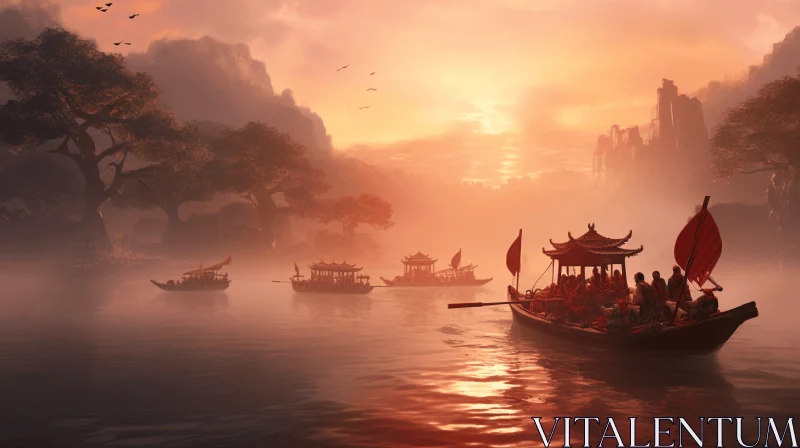 Serene River Scene with Wooden Boats | Ancient Chinese Art AI Image