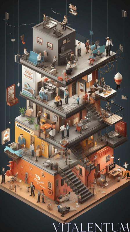 Vintage 3D Office Building Illustration with Climbing People AI Image