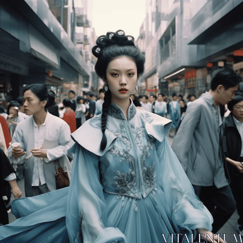 Ethereal Woman in Blue Dress Walking Down an Ancient Chinese Inspired Street AI Image
