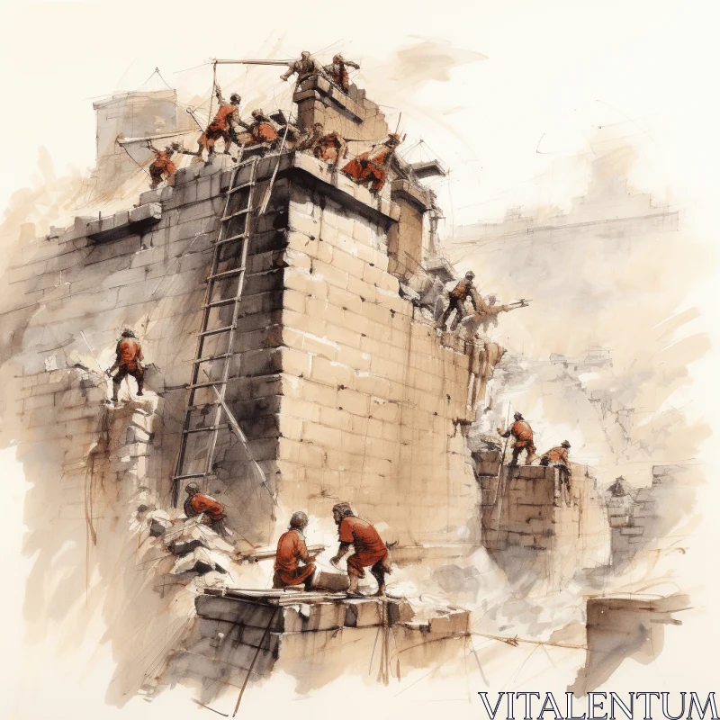 Sketch of a Stone Wall with Workers | Historical Brutal Action AI Image