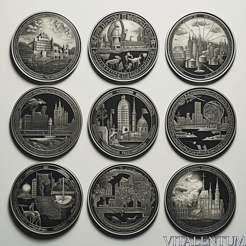 Cityscape Silver Coin Art: Hyperrealistic Murals and Surrealist Elements AI Image