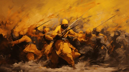 Captivating Painting of an Epic Battle in Vibrant Yellow and Orange