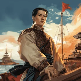 Historical Military Scene: Man in Chinese Costume on a Boat