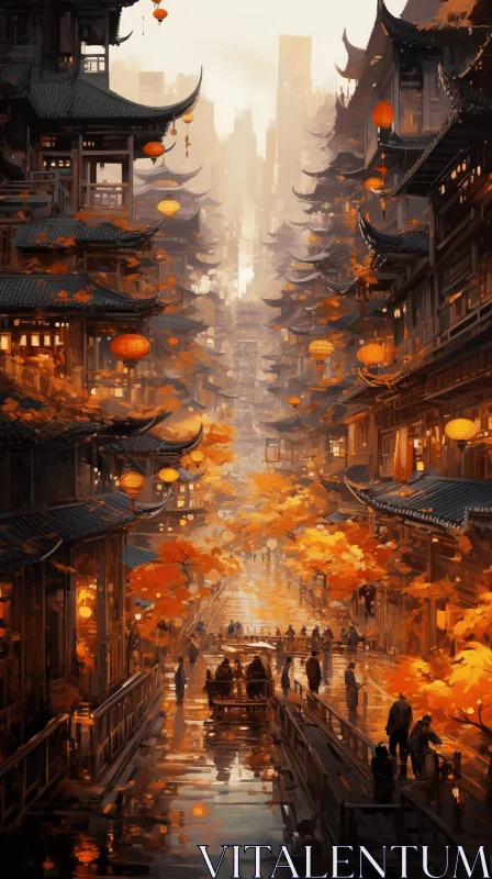 Captivating Chinese Town Painting with Lanterns | Digital Fantasy Landscape AI Image