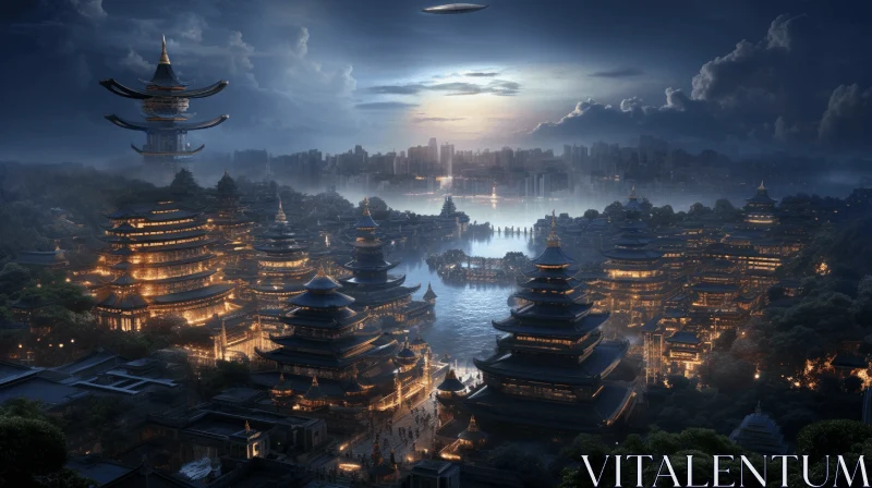 Enchanting Cityscape: Glowing Lanterns under the Moonlight AI Image