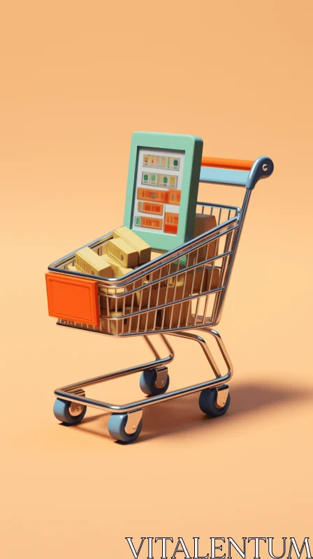 Captivating 3D Rendering of Shopping Cart with Tablet | Mid-Century Illustration AI Image