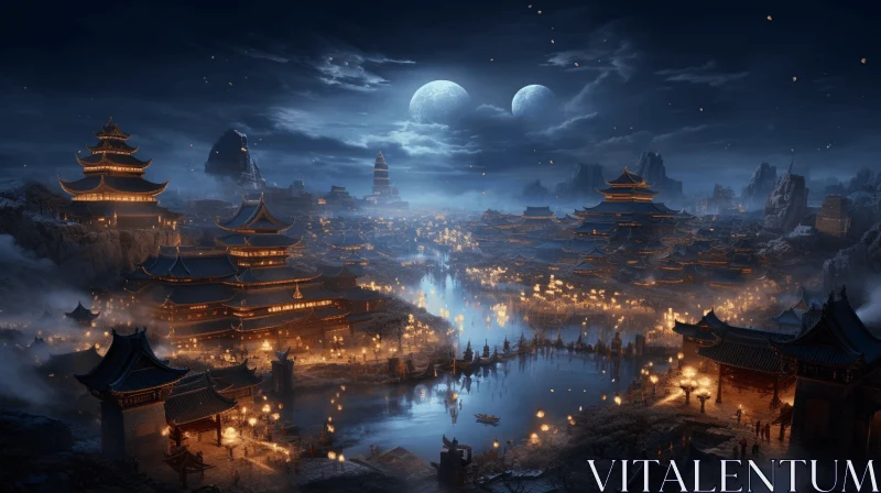 Epic Fantasy Scene: Illuminated Asian City at Night AI Image
