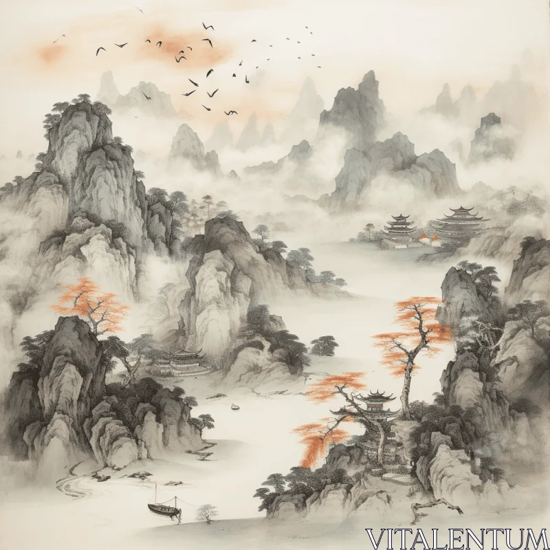Serene Chinese Landscape Painting with Birds and Waterfalls AI Image