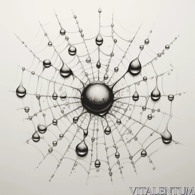 Detailed Graphite Drawing of Spider Web with Water Drops | Surrealistic Science Fiction Art AI Image