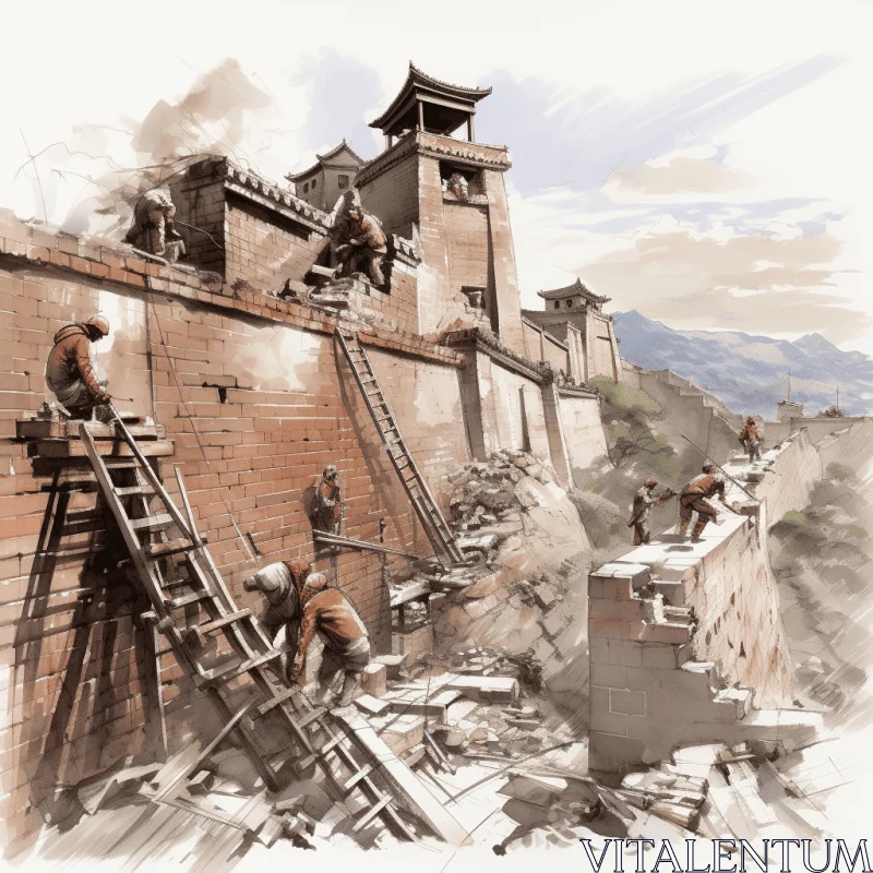 Captivating Illustration of Chinese Wall Construction | Historical Art AI Image