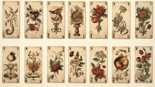 Vintage Playing Cards with Roses - Macabre Realism and Surrealist-Inspired Design