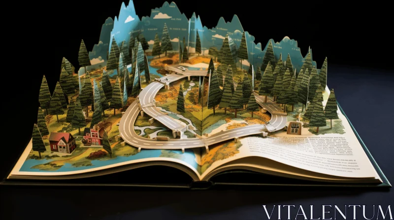 Captivating Nature Artwork: Open Book with Train, Trees, and Mountains AI Image