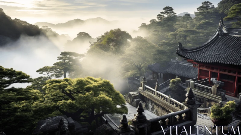 Misty Chinese Temple in the Mountains: A Serene Nature Scene AI Image