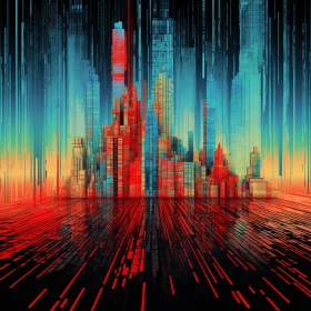 Abstract Sky with Digital Lines and City | Dark Turquoise and Red