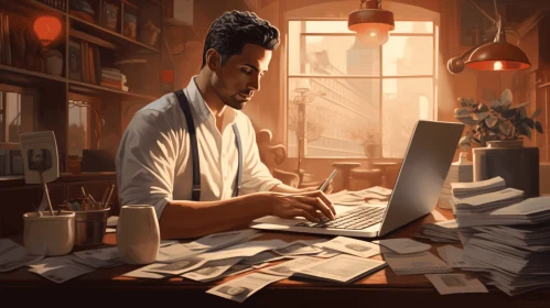 Captivating Artwork of a Man Working on His Laptop at a Desk