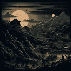 Mysterious Asian Mountain Village with Moonlit Sky - Detailed Hunting Scenes
