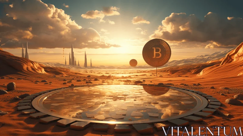 Captivating Bitcoin on Desert Terrain: Atmospheric Impressionistic Art AI Image