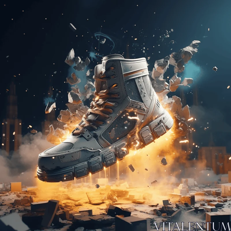 AI ART Explosive 3D Shoe Illustration: Industrial Urban Scene with Hip Hop Aesthetics