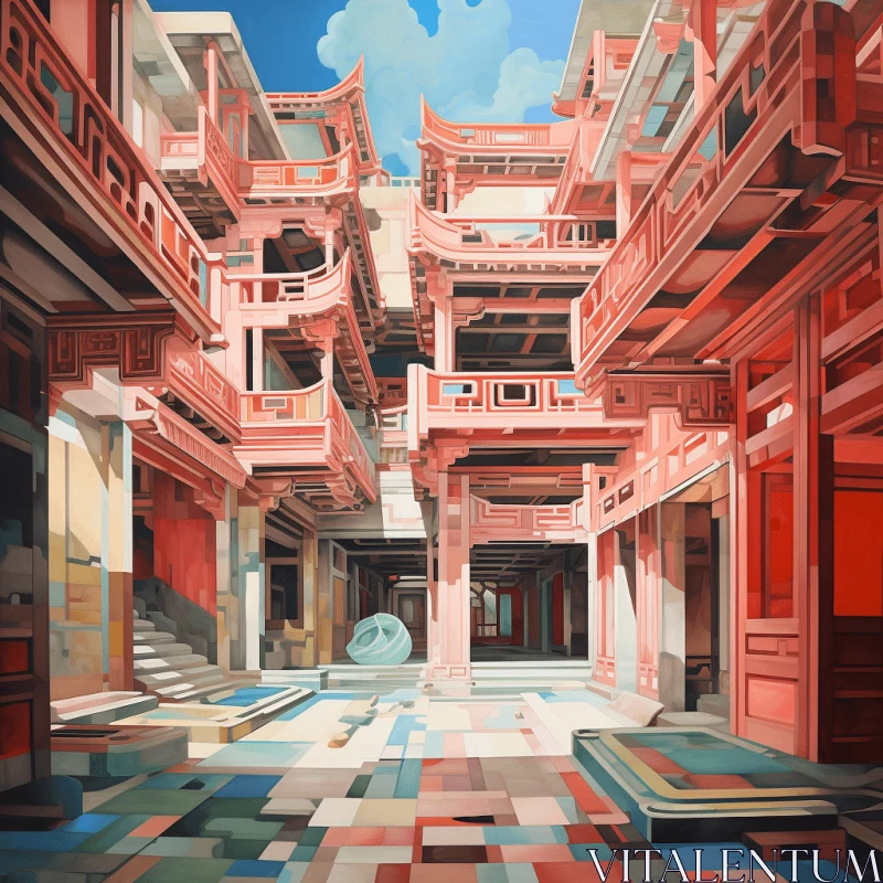 Captivating Chinese Buildings in a Cubist Courtyard | Hyperrealistic Painting AI Image