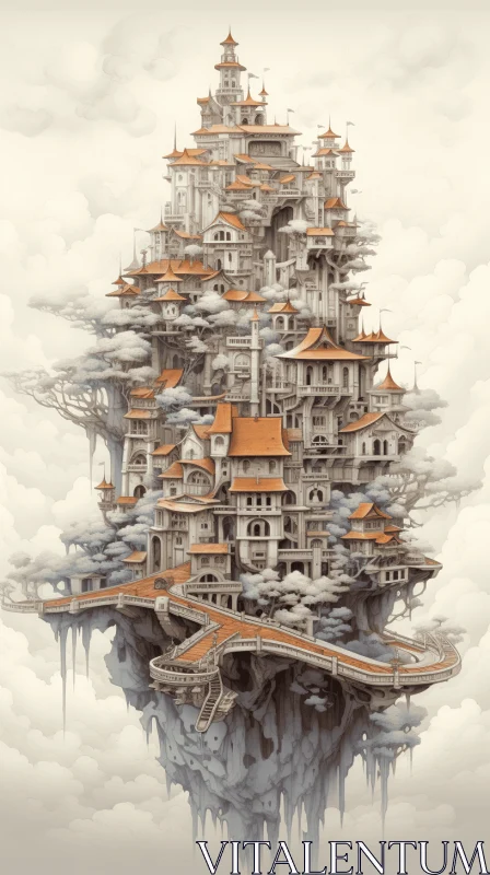 Precise and Detailed Architecture: An Old Asian-Style City in the Clouds AI Image