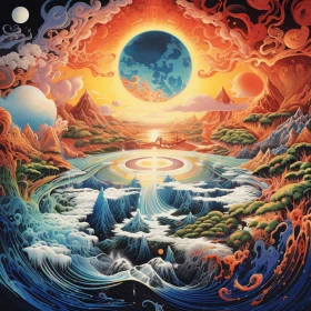 Captivating Water Scene Painting with Sun and Moon | Intricate Psychedelic Landscapes