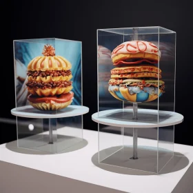 Captivating Realism with Surrealistic Elements: Two Hamburgers on Display